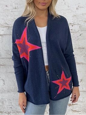 Zaket & Plover Super-Star Navy Star Motif Open Front Knit Cardigan Size XS/S